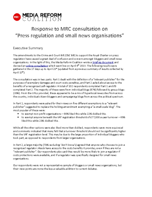 Response to MRC Consultation on “Press Regulation and Small News Organisations” (2013)