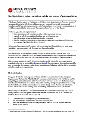 Small Publishers Online Journalism and the New System of Press Regulation (2013)